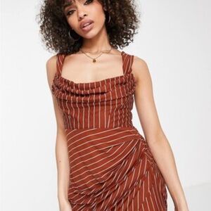 ASOS Brown Orange Asymmetrical Ruched Midi Dress